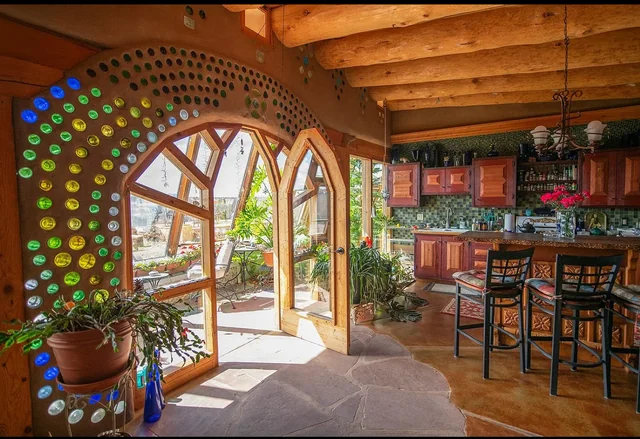 Interior of Earthship-inspired sustainable home