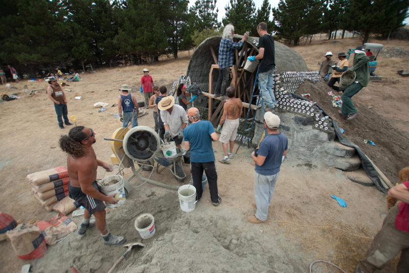 Volunteers working together on community build project