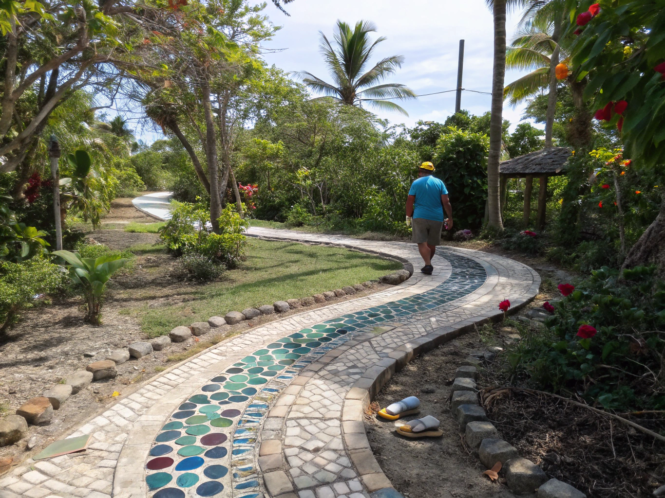 Sea glass pathway created from upcycled bottles